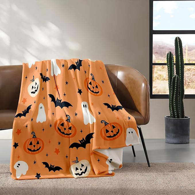 Halloween Flannel Throw Blanket – Ghost, Bat & Pumpkin Pattern – Orange Festive Blanket for Couch or Bed, W50 x L70in
