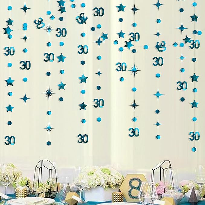 Aqua Blue 30th Birthday Decorations Number 30 Circle Dot Star Garland Metallic Hanging Streamer Bunting Banner Backdrop for Her Womens Dirty 30 Year Old Birthday Thirty Anniversary Party Supplies