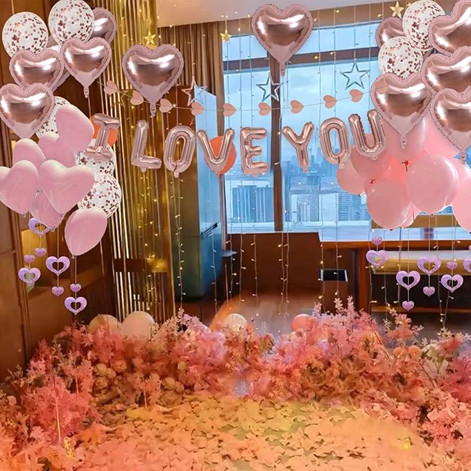 Valentine's Day Decorations 2 Set Rose Gold I LOVE YOU Balloons - 1200pcs Pink Artificial Rose Petals 16" Letter Balloons 18" Heart Foil Latex balloons 10 heart balloons Hanging Swirls Heart Banner