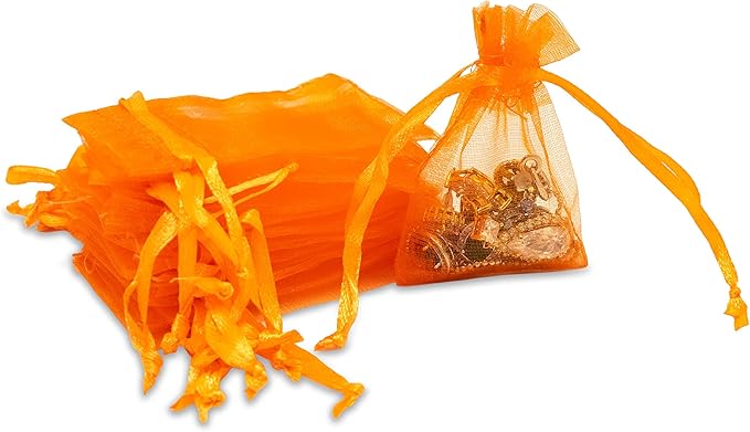 TheDisplayGuys 48-Pack 2" x 2-3/4" Orange Sheer Organza Gift Bags with Drawstring, Jewelry Candy Treat Wedding Party Favors Mesh Pouch
