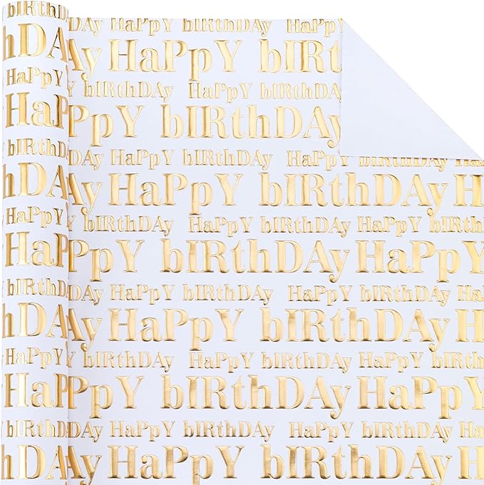 WRAPAHOLIC Jumbo 3D Kraft Birthday Wrapping Paper Roll - 30 Inch x 16.5 Feet - Gold and White Happy Birthday Wrapping Paper with Embossed Perfect for Holiday, Party Celebration