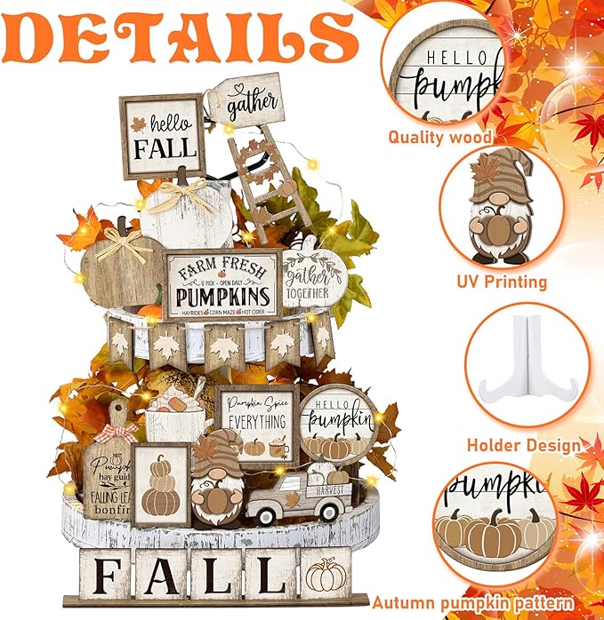 24 Pcs Thanksgiving Fall Tiered Tray Decoration Set Thanksgiving Table Sign Pumpkins Farmhouse Decor Gnome Maple Leaves Decorative Trays Harvest Wood Blocks Signs Block Tabletop for Autumn