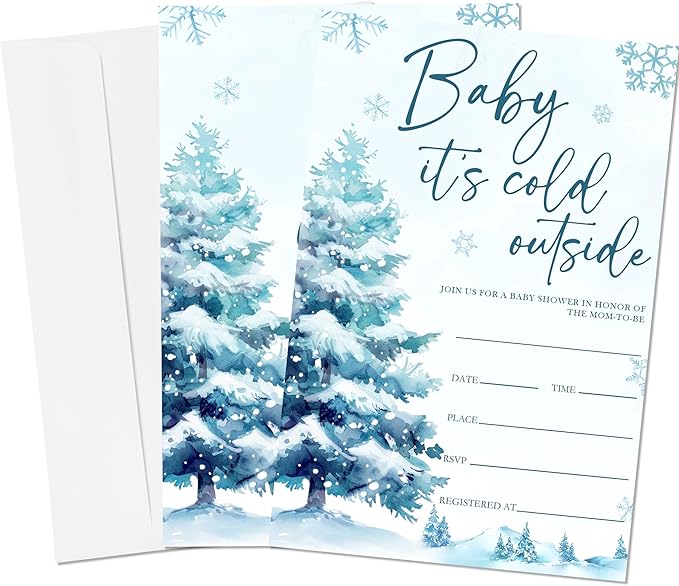 4'' x 6'' Baby It's Cold Outside Baby Shower Invitations - 25 Watercolor Tree Invited Cards with Envelopes - Winter Announcement Invites for Boys & Girls, Gender Reveal Party Supplies & Decor -A03