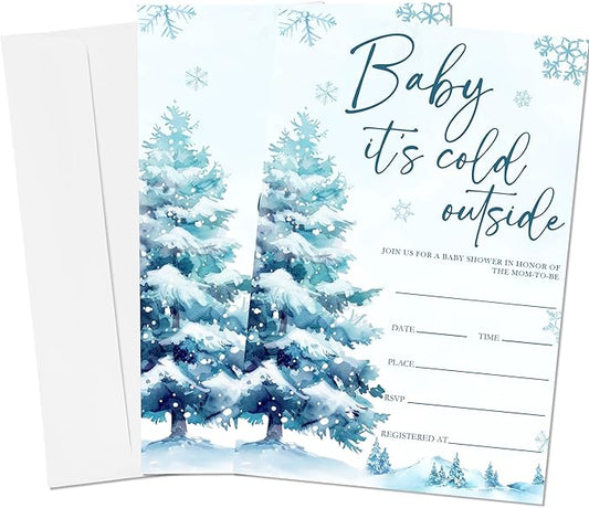 4'' x 6'' Baby It's Cold Outside Baby Shower Invitations - 25 Watercolor Tree Invited Cards with Envelopes - Winter Announcement Invites for Boys & Girls, Gender Reveal Party Supplies & Decor -A03