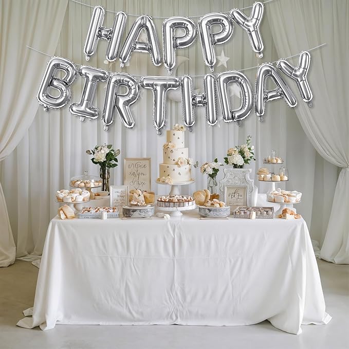 Silver Happy Birthday Banner - 16 Inch Mylar Foil Letters Balloons with Ribbon, Self Inflating Bunting Balloons Banner for Women Men Birthday Party Decorations