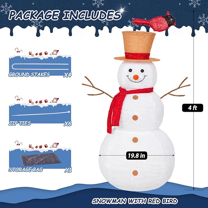 NALONE 4FT Lighted Snowman Christmas Decoration, Cool White Collapsible Snowman with LED Lights and Timer for Outdoor Yard Home