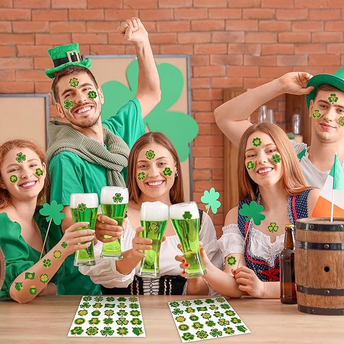 Glitter St Patricks Day Tattoos, 25 Styles Saint Patricks Day Green Gold Shamrock Tattoos with Lucky Clover, Temporary Face Stickers for St Patricks Day Accessories Party Favors
