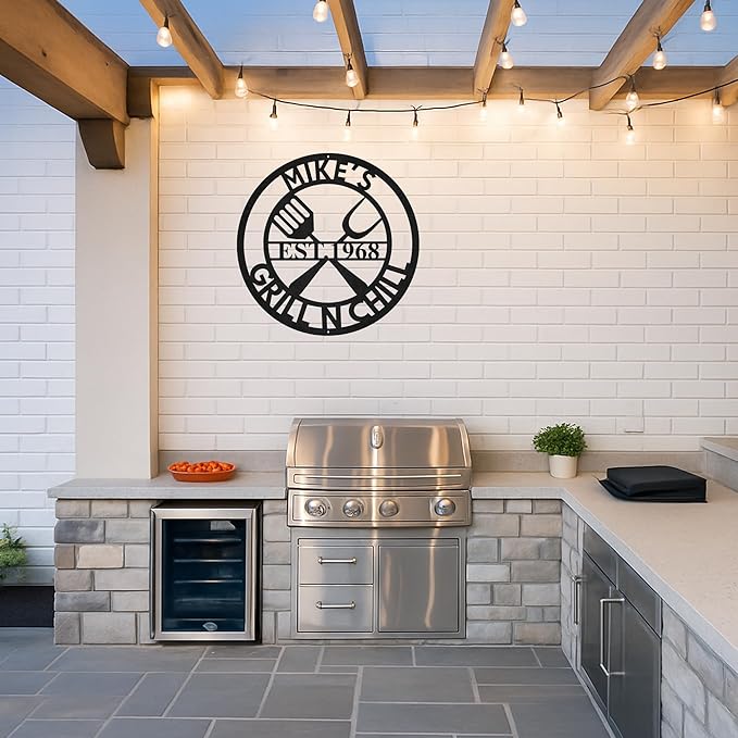 Custom BBQ Grill Metal Sign Personalized Name Wall Art for Outdoor Barbecue Patio Kitchen Backyard Decor Gift for Dad Husband Men Papa Grandpa Father Grilling Enthusiasts Family Lover Funny Gifts 07