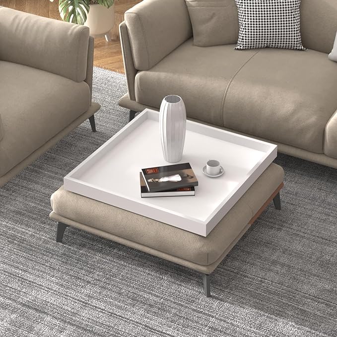Ottoman Tray for Coffee Table Living Room Wood Serving Tray Large Wooden Square 24 Inches White
