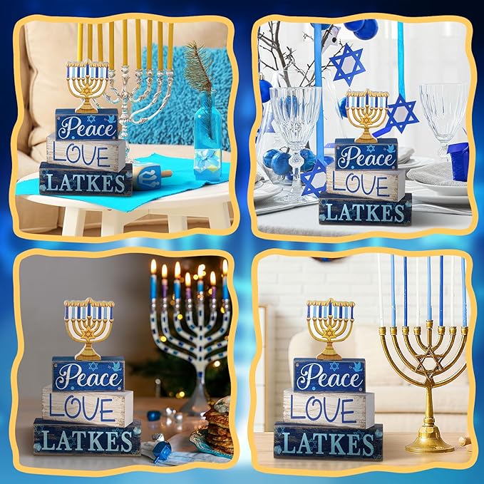 4 Pcs Hanukkah Decorations for Home Chanukah Table Decor Wooden Menorah Decoration Hanukkah Centerpiece Rustic Menorah Block Signs Jewish New Year Decoration for Home Tiered Tray Decor