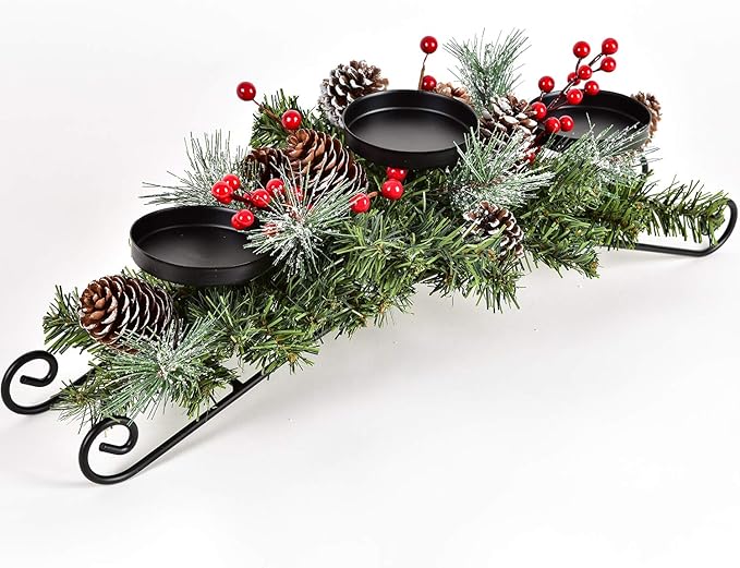 DearHouse Christmas Candle Holder Centerpiece,Pine Cones and Red Berry Table Centerpiece with 3 Candle Holders Table Accent Centerpiece for Festival Home Decoration 20"x10"x6.1"(L x W x H)