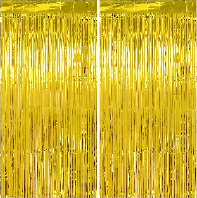 Gold Streamers Graduation Decorations - Thicken 2 Pack 3.2 x 8.2 FT - Golden Tinsel Foil Fringe Backdrop Curtains Party Backdrop for Birthday, Prom, Hollywood, Anniversary Party Decorations