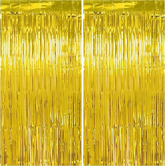 Gold Streamers Graduation Decorations - Thicken 2 Pack 3.2 x 8.2 FT - Golden Tinsel Foil Fringe Backdrop Curtains Party Backdrop for Birthday, Prom, Hollywood, Anniversary Party Decorations