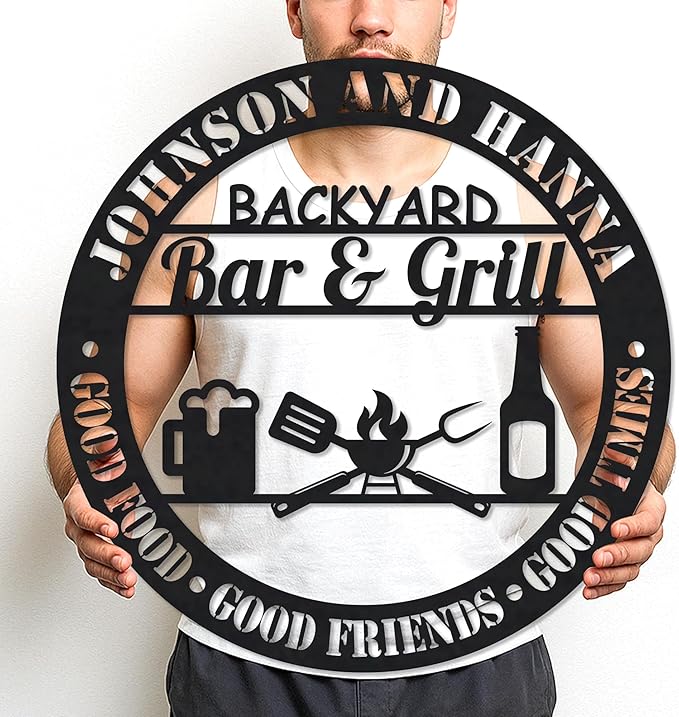 Personalized BBQ Metal Sign Custom Outdoor Grill Name Plaque Rustic Barbecue Decor for Backyard Patio Kitchen Man Cave Housewarming Gift for Dad Grandpa Husband Father's Day