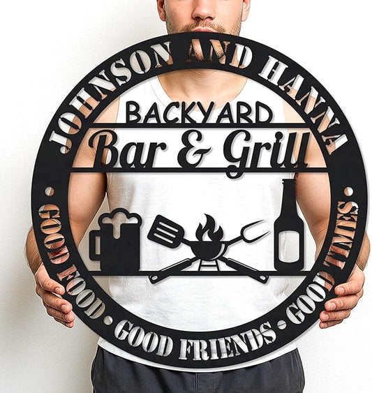 Personalized BBQ Metal Sign Custom Outdoor Grill Name Plaque Rustic Barbecue Decor for Backyard Patio Kitchen Man Cave Housewarming Gift for Dad Grandpa Husband Father's Day