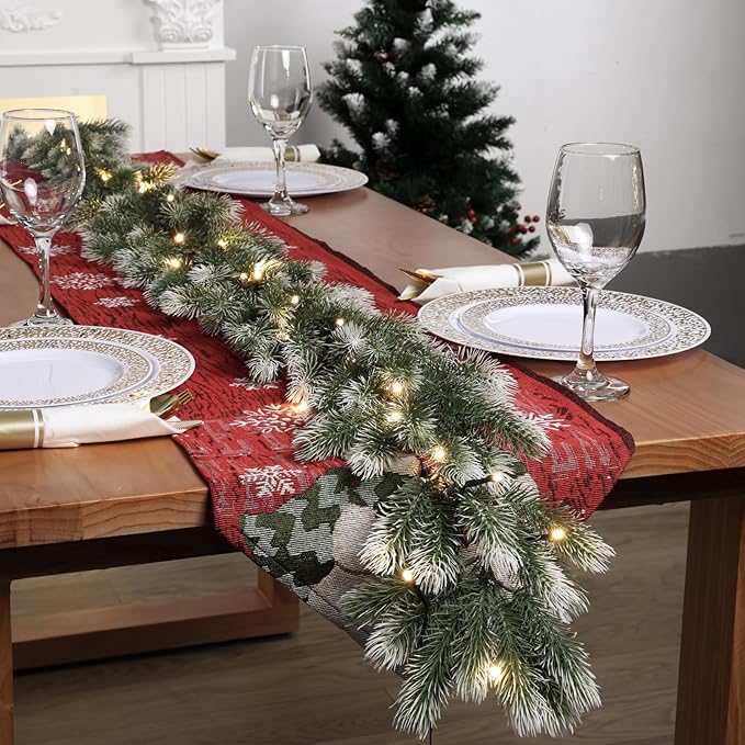 Pre Lit Snow Flocked Christmas Garland 5.9 ft Artificial Christmas Garland with Warm White LED Light and Timer Frosted Faux Pine Winter Garland for Home Indoor Outdoor Mantel Seasonal Decor