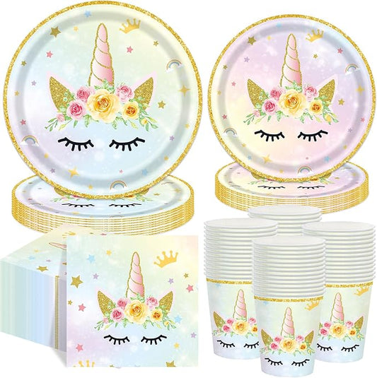 250 Pcs Unicorn Fairy Party Decoration for Girl, Happy Birthday Rainbow Floral Pastel Fairy Theme Paper Plates Napkins and Cups Tableware for Unicorn Baby Shower Party Supplies, Serves 50