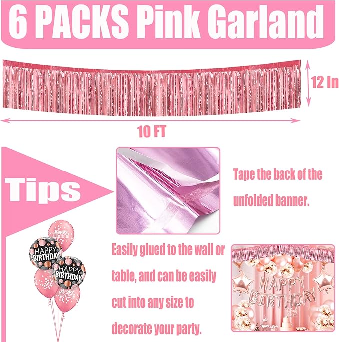 6 Pack 10 Feet Foil Fringe Garland Metallic Tinsel Streamers Banner Wall Hanging Curtain Backdrop for Parade Floats, Bachelorette, Wedding, Birthday, Halloween, Christmas Party Decorations(Pink)