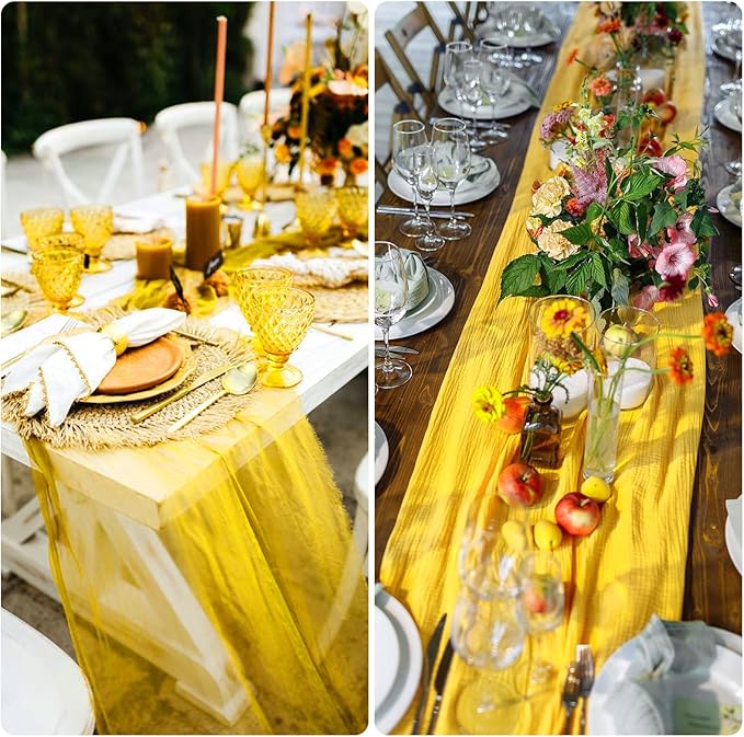 6 Pack Yellow Cheesecloth Table Runner 10FT Boho Gauze Fabric Table Runner 35 x 120 Inch Rustic Sheer Runner for Wedding Decor Baby Shower Party Boho Table Decoration(Yellow)