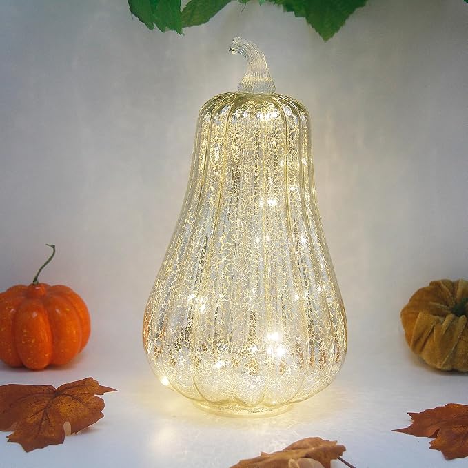 Mercury Glass Pumpkin Lights with Timer, Battery Operated Led Pumpkin Lights for Halloween Fall,Thanksgiving Rustic Decor (Silver Common, 11")
