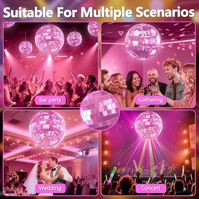 Disco Ball, 12/16/20 Inch Hanging Disco Ball, Mirror Ball for Party Decoration, Wedding, DJ Club, Stage, Birthday, Christmas, New Years Celebration (Pink, 12Inch)