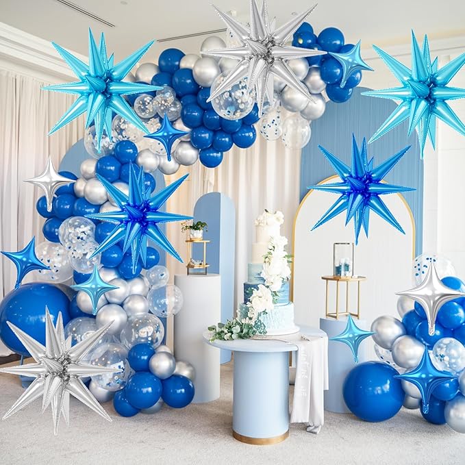 18 Pcs Blue Silver Star Balloons, Silver and Blue Balloon with 6 Pcs 22-Inch Explosion Star Balloons 12Pcs 10-Inch Four Pointed Stars Foil Balloon for Boys Baby Shower Birthday Party Decoration