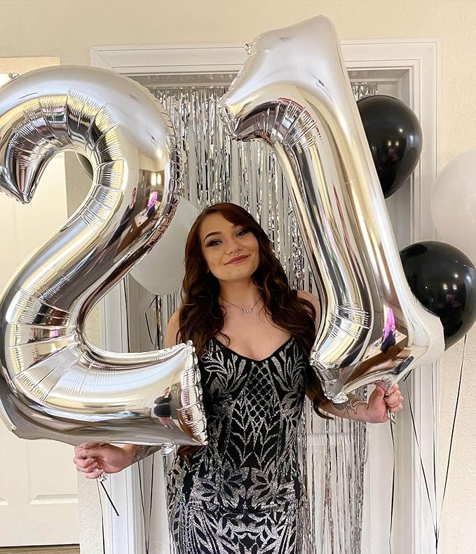40 Inch Silver 21 Number Balloons Giant Jumbo Huge 12 or 21 Foil Mylar Helium Number Digital Balloons Silver Birthday Mylar Digital Balloons 12th 21st Birthday Anniversary Events Party Decorations