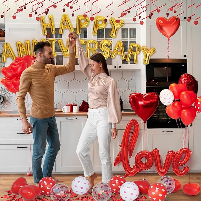 Red Valentines Day Balloons kit,Anniversary Decorations Valentines Day Decorations,Red Valentines Day Balloons with Happy Anniversary Banner Heart Balloon for Sweetest Day Decorations
