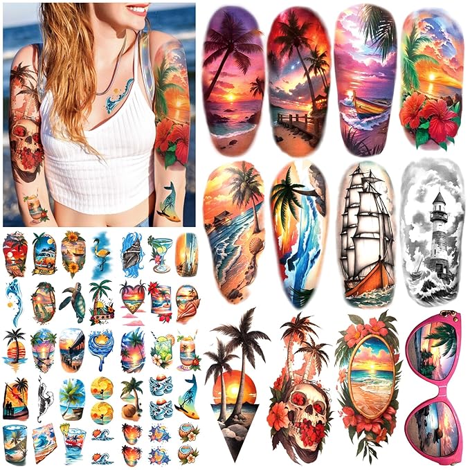 77 Sheets Temporary Tattoo for Women and Men, 17 Sheets Half Arm Beach Flower Skull Sunset Fake Tattoos, 60 Sheets Holiday Ocean Tiny for Adults Kids Body Tattoos Stickers Waterproof Realistic
