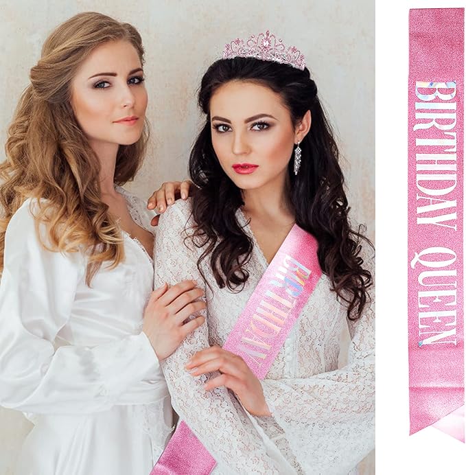 Birthday Tiara for Women, Tiara for Women Pink Rhinestone, Happy Birthday Queen Tiara for Women, Crown for Girls Tiaras Birthday Queen Crowns with Birthday Girl Sash