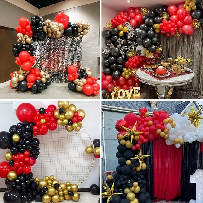 Red Black Balloon Arch Kit,Balloon Garland with Black Red Star Foil Balloons Metallic Gold Balloons for Birthday Baby Shower Wedding Engagement Anniversary Party Decorations