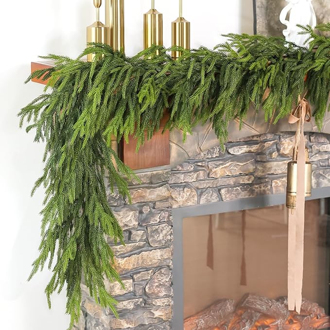 Real Touch Christmas Norfolk Pine Garland - 9ft Artificial Christmas Garland Fake Pine Needles Faux Green Garland for Fireplace,Table,Window,Stairs,Mante,Holiday Indoor Outdoor Xmas Decor(1PCS)