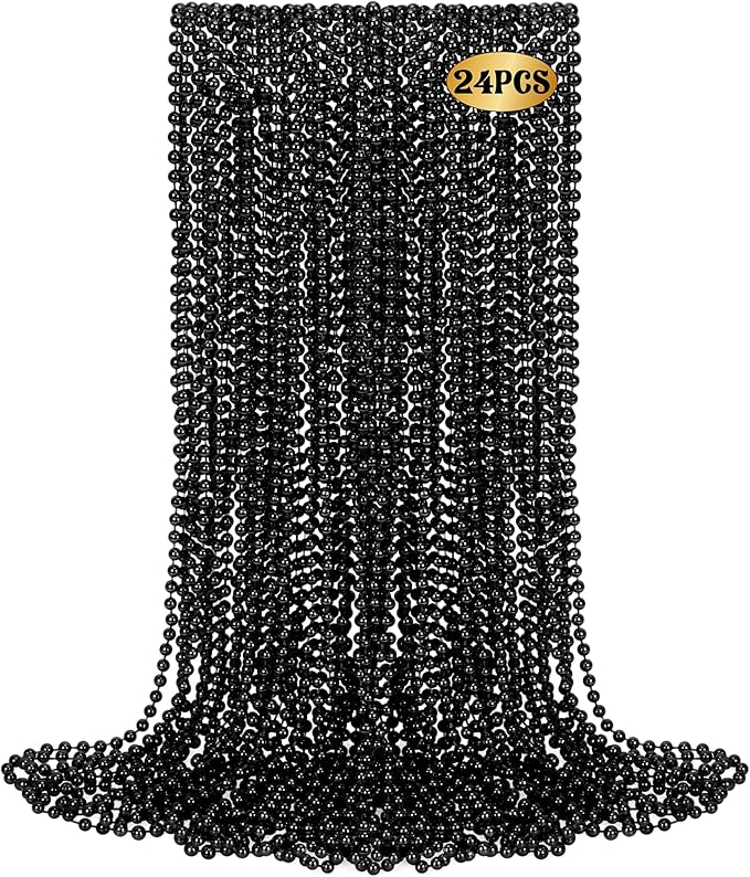24 PCS Black Mardi Gras Beads Necklaces, Bulk Carnival Beaded Necklaces, 33" New Year Eve Costume Necklaces, Mardi Gras Accessories for Parade Throws Party Favors Decorations Holiday