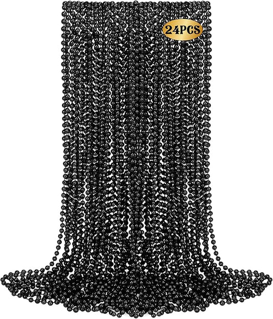 24 PCS Black Mardi Gras Beads Necklaces, Bulk Carnival Beaded Necklaces, 33" New Year Eve Costume Necklaces, Mardi Gras Accessories for Parade Throws Party Favors Decorations Holiday