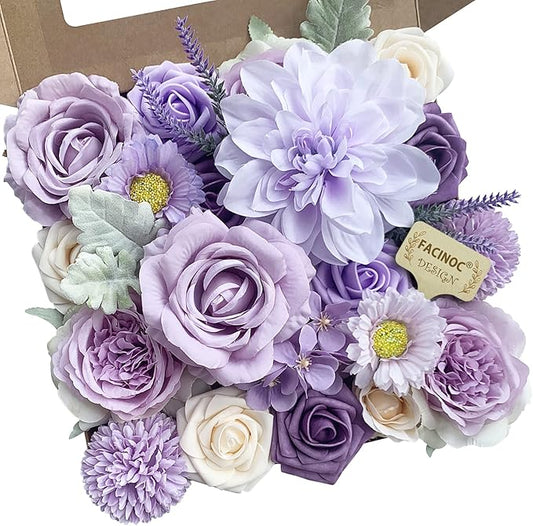Roses Artificial Flowers Purple Bouquets Box Set Fake Flower with Stems Bulk for DIY Bridal Wedding Shower Decorations Faux Floral Arrangements for Party Table Centerpieces Home Decor Indoor