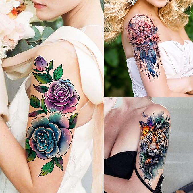 69 Sheets Watercolor 3D Rose Flowers Temporary Tattoos For Women Girls Adults, Realistic Peony Florals Fake Tattoo Stickers Dreamcatcher, Colorful Bulk Half Arm Sleeve Tattoo Butterfly Tiger
