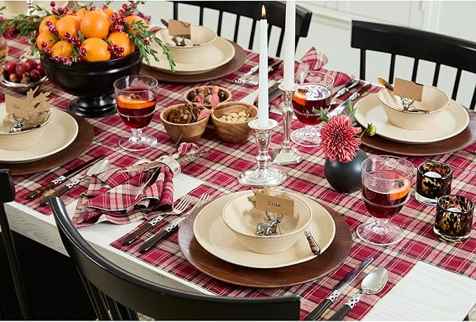 Solino Home Linen Table Runner 36 Inches - 100% Pure Linen Burgundy Tartan Plaid Short Table Runner 14 x 36 Inch Ideal for Dresser and Coffee Tables - Christmas, Xmas
