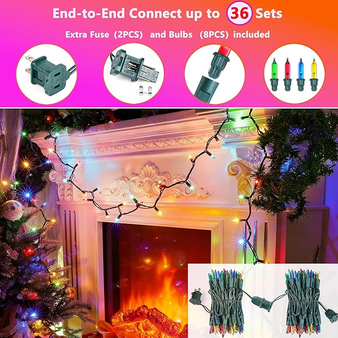 Joomer Mini Christmas String Lights - 19.5FT 100 LED Plug-in String Light, Connectable Waterproof Fairy Lights for Indoor Outdoor Decor, Patio, Home, Garden,Holiday,Christmas Decoration - Multicolor