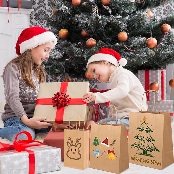 XPCARE 100PCS Brown Paper Bags with Handles, Three Different Sizes of Bulk Brown Gift Bags 5.25x3.25x8.25 & 8x4.5x10 & 10x5x13 Inch Grocery Retail Kraft Paper Bags for Party Birthday Shopping Takeaway