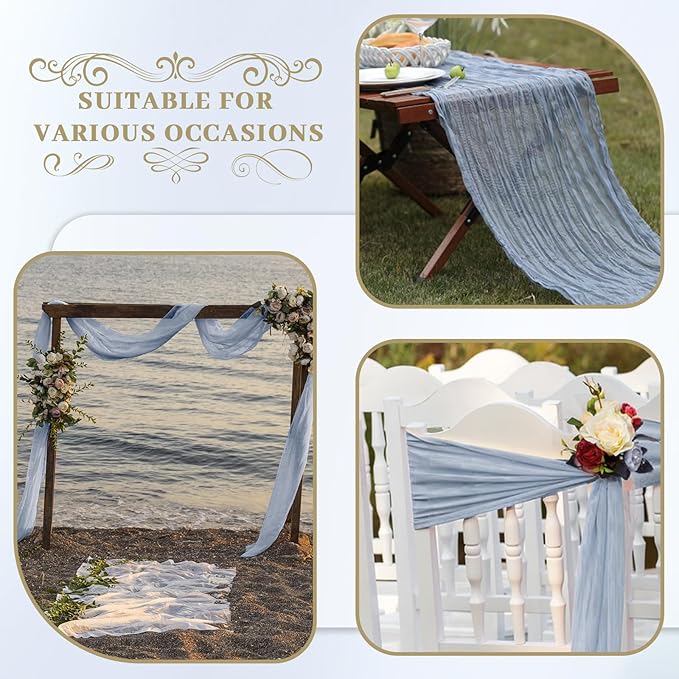 Le courant 12pcs 10Ft Cheesecloth Table Runner, Rustic Boho Gauze Cheese Cloth Runner Table Runner for Weddings Bridal Baby Shower Birthday Holiday Parties Home Decor, Dusty Blue