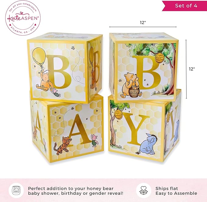 Kate Aspen A Little Honey Is On The Way Winnie Baby Boxes with Letters for Baby Shower, Classic Bear Gender Reveal Decorations, Table Centerpiece, Set of 4 Stackable Boxes