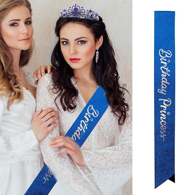 Velscrun Princess Crown, Tiaras for Girls, Blue Birthday Princess Sash for Girls, Birthday Girl Crown, Birthday Accessories for Girls, Princess Birthday Decorations, Princess Birthday Party Supplies