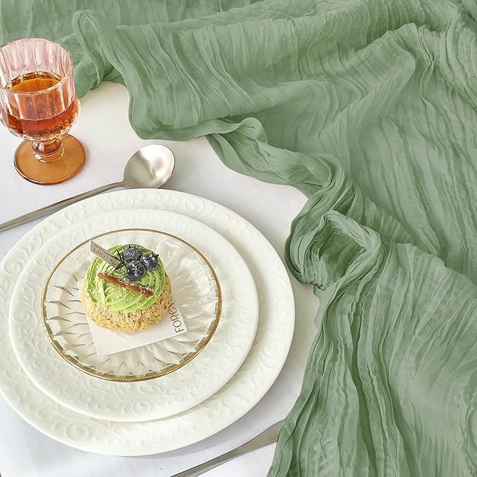 IVAPUPU 2 Pcs Cheesecloth Table Runner - 10ft Sage Green Boho Gauze Cheese Cloth Table Runners for Baby Shower Decoration Wedding Party Summer Garden Farmhouse