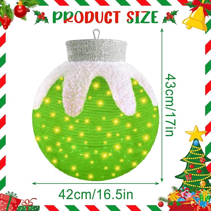 Outdoor Hanging Christmas Ornaments, Lighted Pop-Up Hanging Outdoor Holiday Ball Decoration, 8 Light Modes, Lighted Collapsible Holiday Decorations (Green)