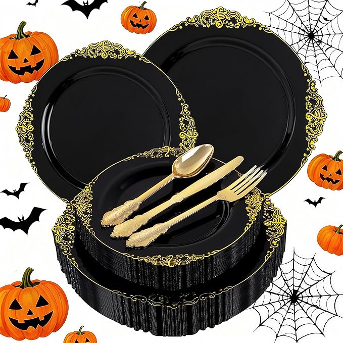 125PCS Black and Gold Plastic Plates - Black Disposable Dinnerware Set - Vintage Plastic Plates with Gold Silverware for 25 Guests for Wedding Party Halloween