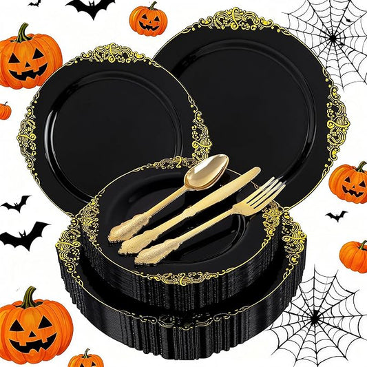 125PCS Black and Gold Plastic Plates - Black Disposable Dinnerware Set - Vintage Plastic Plates with Gold Silverware for 25 Guests for Wedding Party Halloween