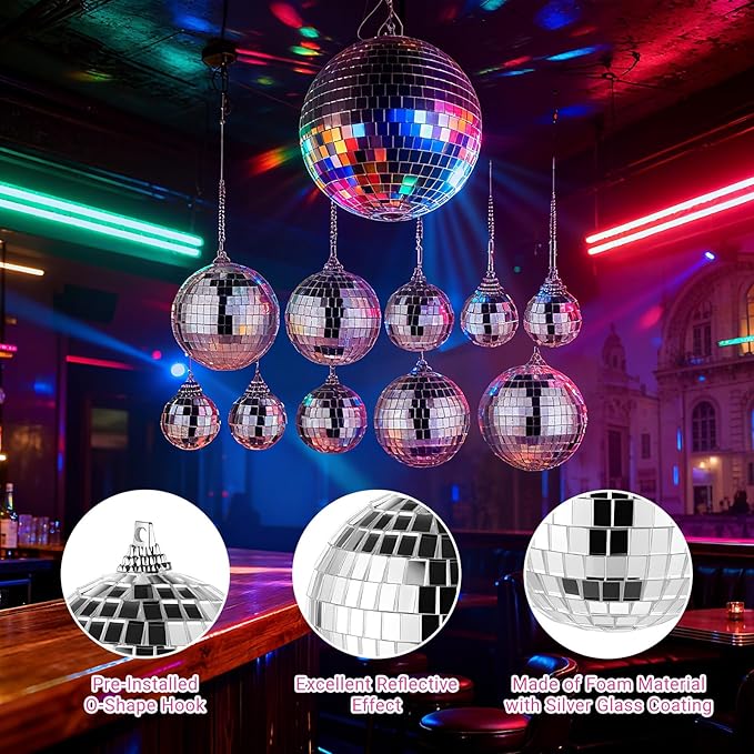 50 Pcs Disco Ball Decor Mirror Silver Disco Balls Hanging Ornaments Mini Disco Cake Topper for Home Wedding Birthday Dance Music 70s Themed Party Christmas Tree Ornaments (1.2'',2'',3.2'',4'')