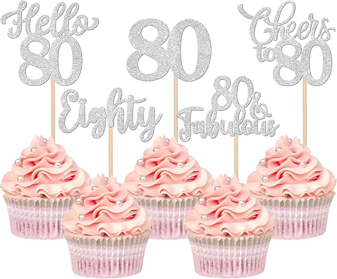 30PCS Happy 80th Birthday Cupcake Toppers Glitter Eighty Cheers to 80 Years Old Birthday Cupcake Picks Hello 80 Fabulous Cake Decorations for Happy 80th Birthday Anniversary Party Supplies Silver