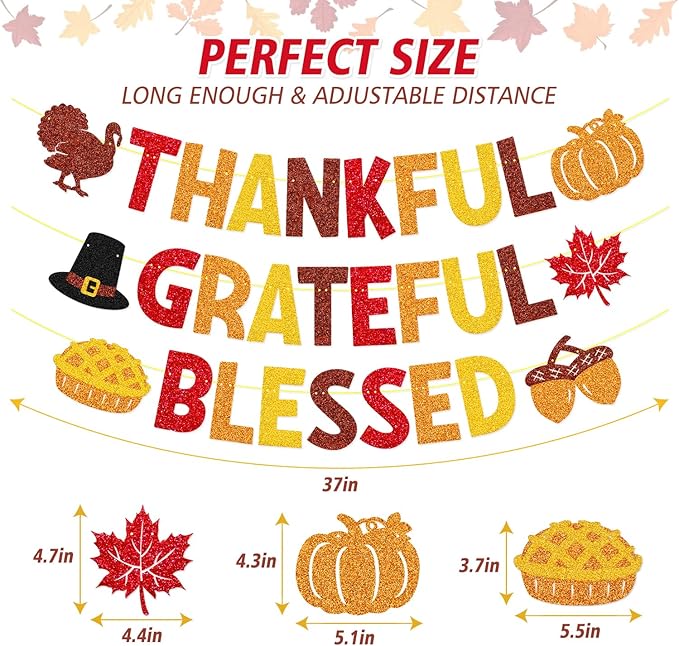 Thankful Grateful Blessed Banner Thanksgiving Party Decorations Autumn Turkey Pumpkin Maple Leaves Happy Fall Friendsgiving Harvest Day Party Supplies