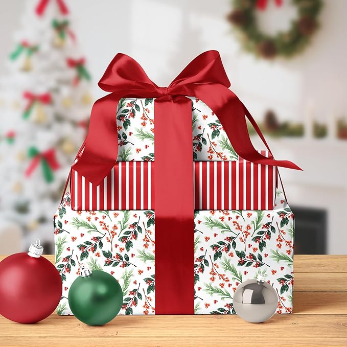 LaRibbons Reversible Christmas Wrapping Paper Roll, Vintage Red Berries & Red Stripe Gift Wrap for Christmas, Season Party, Xmas, 17 Inch x 33 Feet